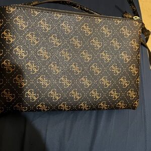 Guess Black and Gold Crossbody Bag with Logo Pattern